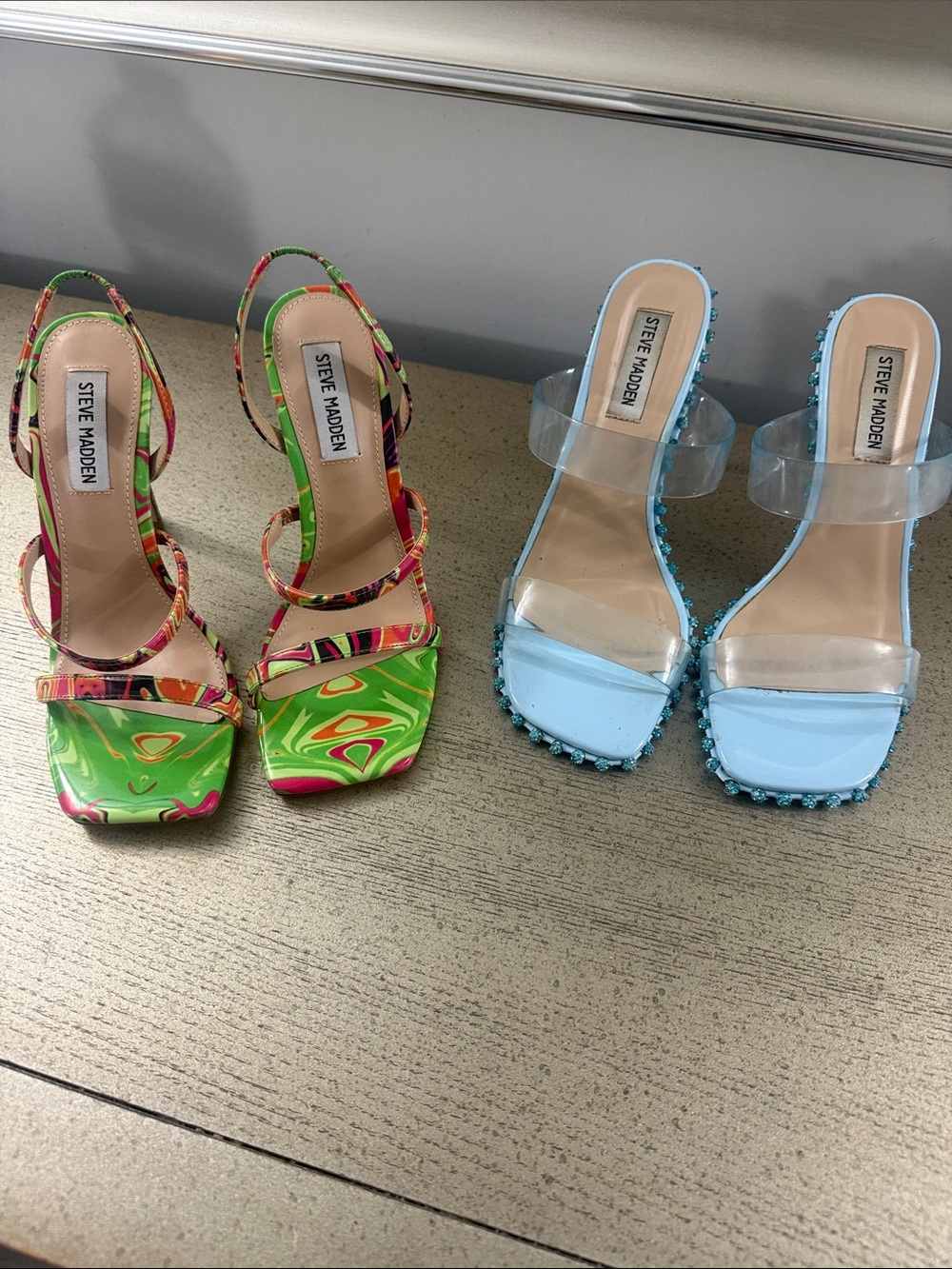 Steve Madden Multicolor Swirl Heels & Light Blue Beaded Clear-Strap Sandals